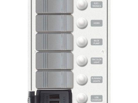 Blue Sea 8421 - 5 Position Contura Switch Panel w Dual USB Chargers - 12 24V DC - White [8421] Sale